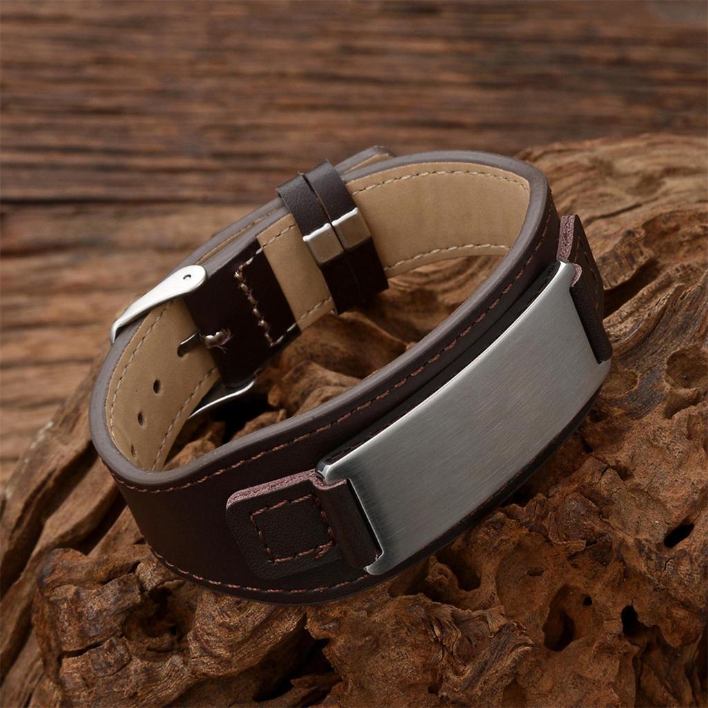 Кожаный браслет-манжета с выгравированным именем, минимализм, застежка из нержавеющей стали, ювелирные изделия для дедушек и мужчин