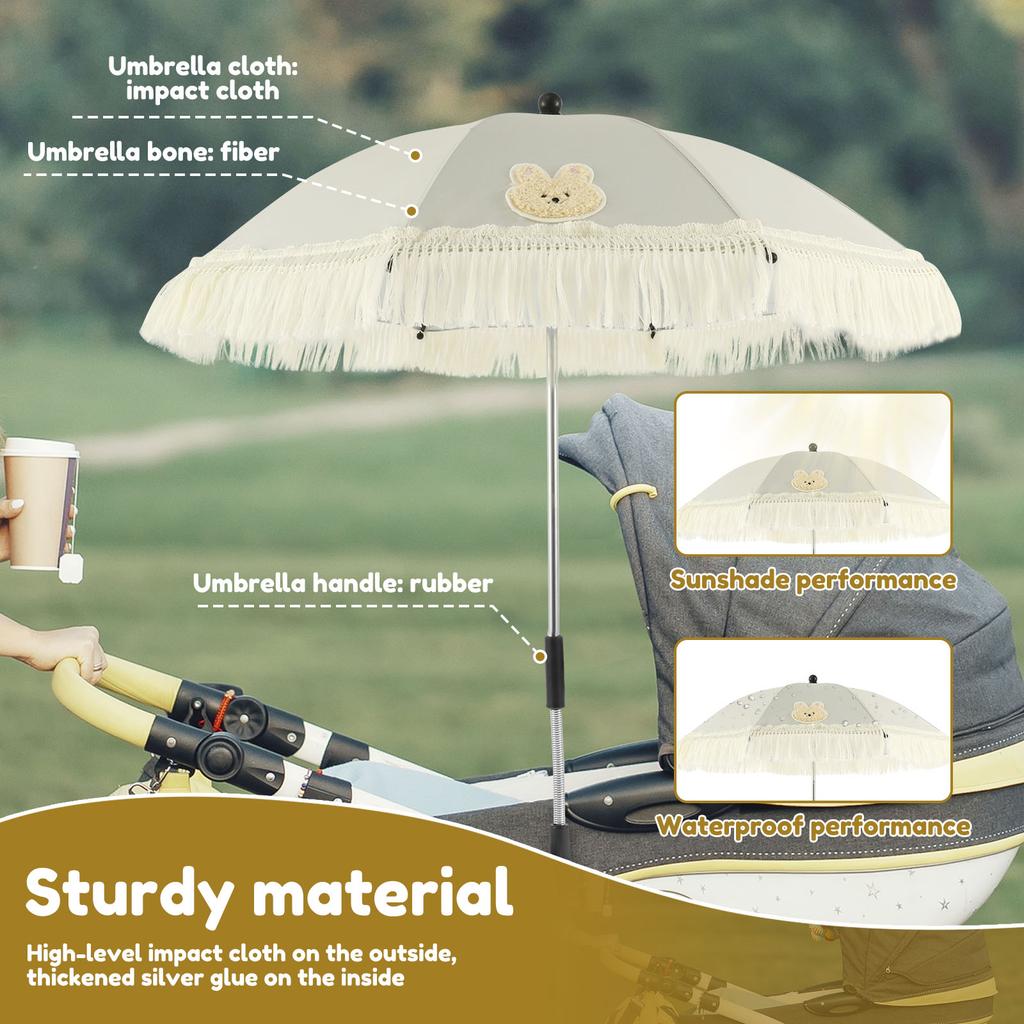 Baby Stroller Outdoor Parasol UPF40 Adjustable Baby Stroller Umbrella with Tassel Cute Clip On Sunshade Parasol for Pushchair