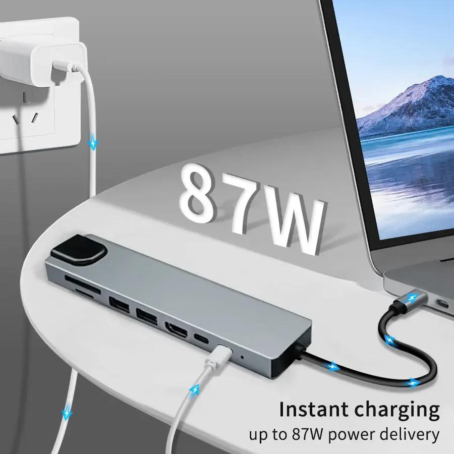 USB C HUB 8 в 1 4K HDMI 87 Вт PD Порт USB 3.0 2.0 Док-станция RJ45 Кардридер SD/TF для MacBook Ноутбука Компьютера