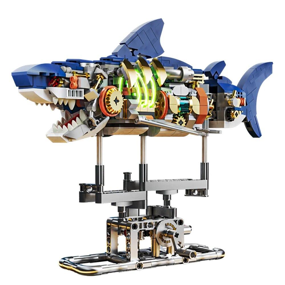 Механический набор акул, набор строительных блоков Shark Sea Life с подставкой и подсветкой, подарок для детей и взрослых