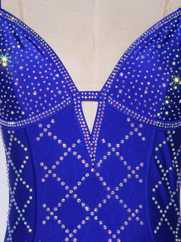 Womens Shiny Rhinestone Feather Leotard Deep V Neck Adjustable Spaghetti Straps Strappy Back Bodysuit