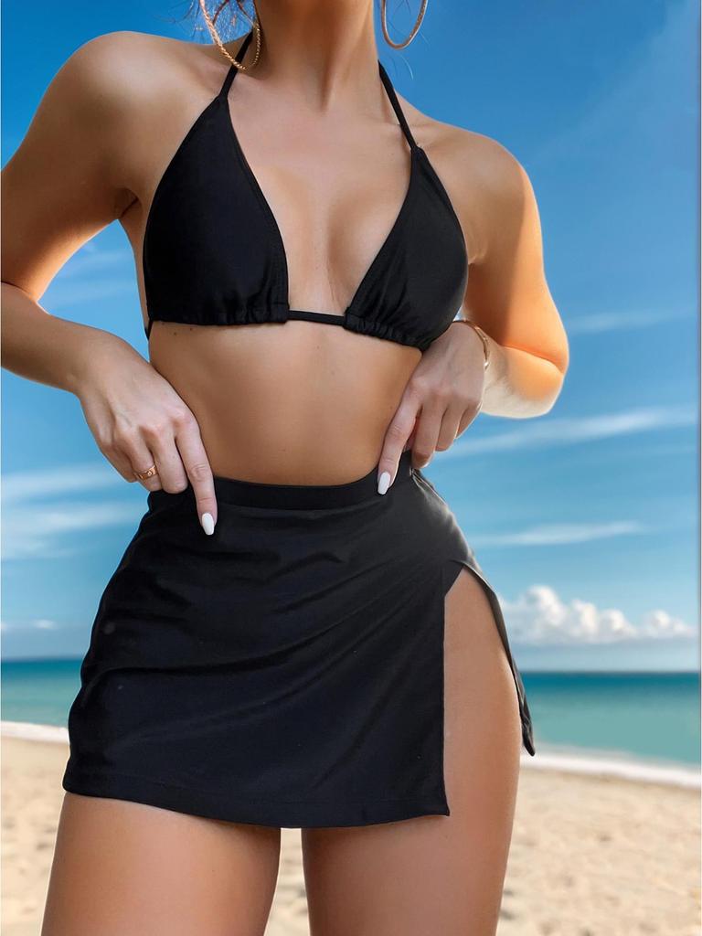 2025 European and American High-Waisted Triangle Slit Bikini Set - Sexy Three-Piece Women's Swimwear