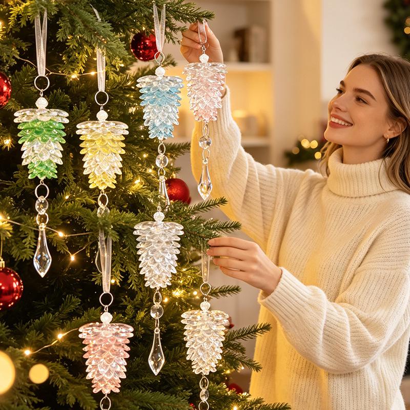 Christmas decoration acrylic pine cone hanging ornament, simulated pine cone pendant, transparent crystal small tree decoration, suitable