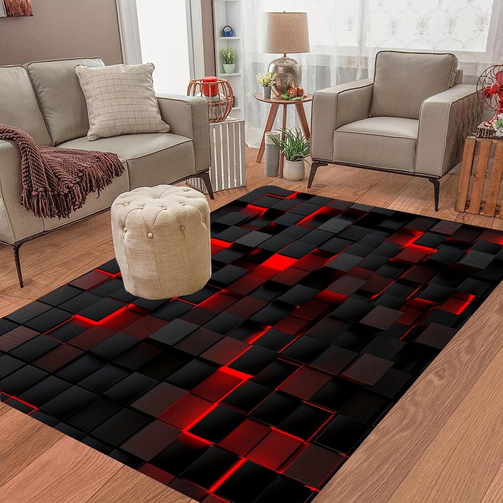 Large Red Black 3D Geometric Square Velvet Mat Plush Machine Washable Floor Mat Living Room Bedroom Corridor Modern Minimalist