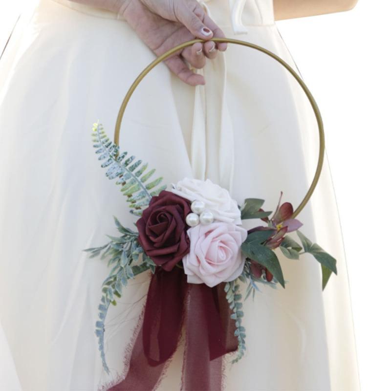 1Pc Metal Wreath Bridesmaid Handheld Wreath Artificial Garland Silk Flower Fake Flower Indoor Outdoor Decoration for Wedding Engagement Ceremony