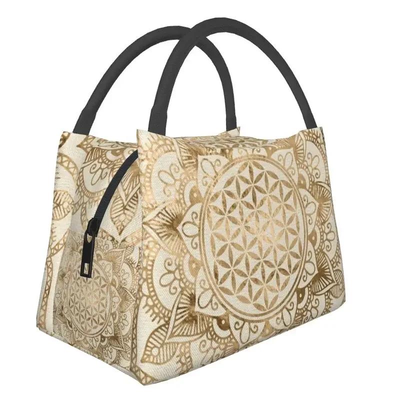 Цветок Жизни Раковина Абалона на Жемчужине Изолированная Сумка-тоут для ланча для женщин Геометрическая Мандала Портативный Охладитель Термальная Коробка для Бенто