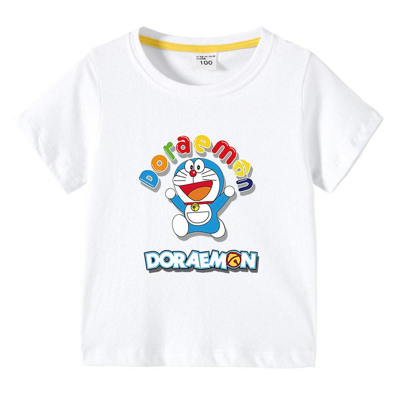 Doraemon Childrens Summer Clothing Pure Cotton Breathable Top for Kids Short Sleeve Ding Dong Cat Fashion Tshirt