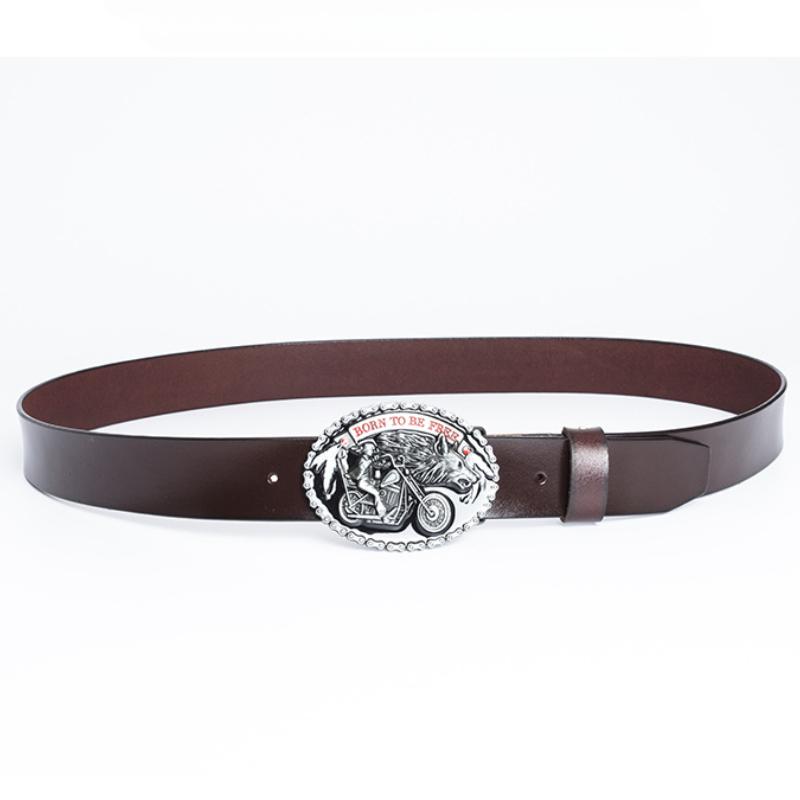 Ремень с пряжкой из сплава Big Wolf Head, двухслойный ремень из коровьей кожи, повседневный ремень из денима с гладкой пряжкой