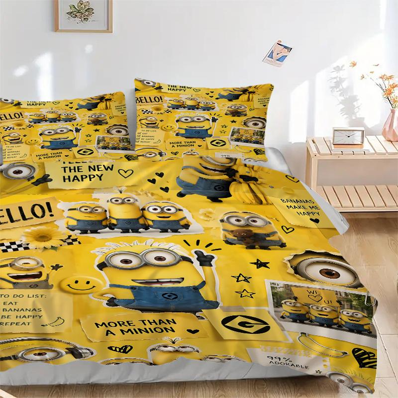3Pcs Minion Yellow Happiness Bedding Sets For All Sizes New 3D Printed Bed Cover Comforter Duvet Cover Pillowcase Bedroom Decoration