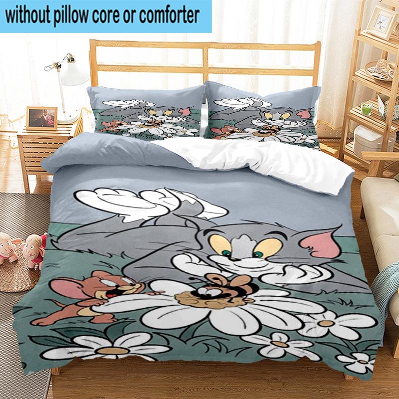 3PCS Cat And Mouse In Flowers 3pcs Bedding,Including 3PCS Duvet Cover And 2pcs Pillowcases Perfect for Christmas,Ideal for Bedroom, Dormitory