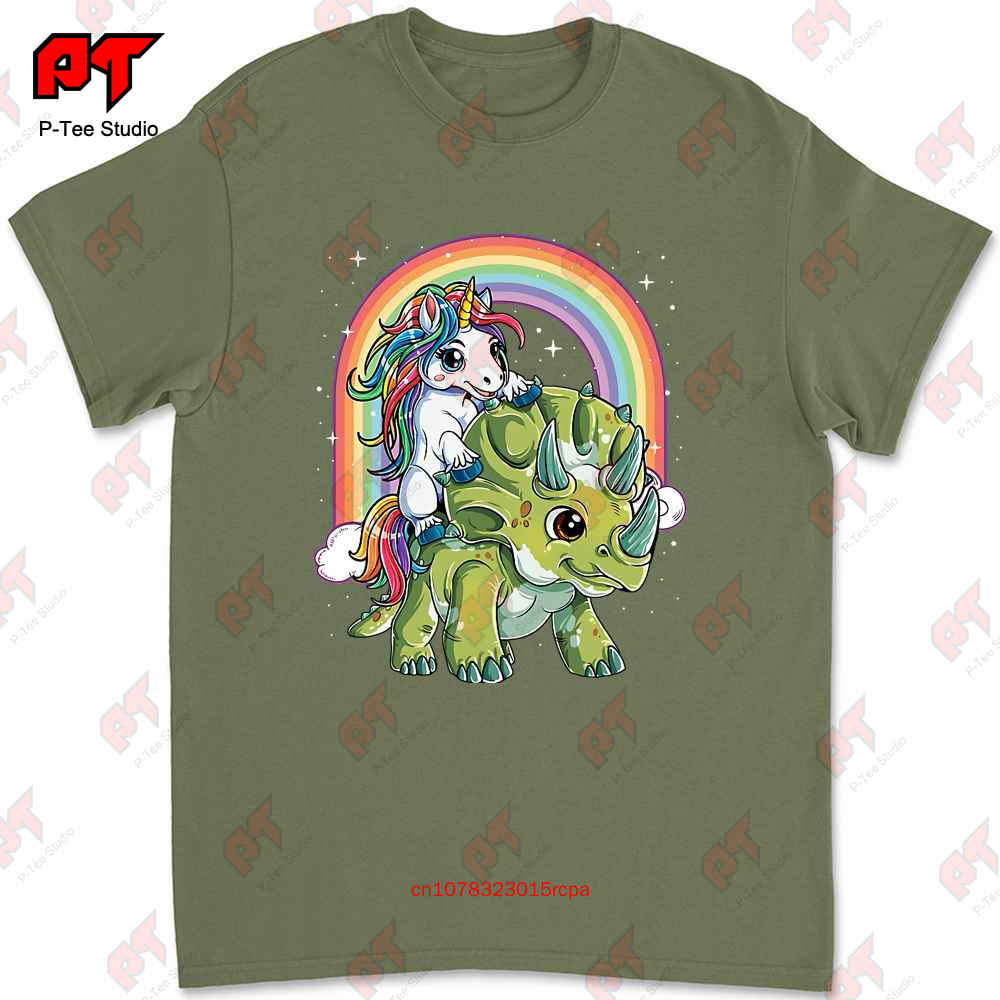 Unicorn Riding Dinosaur Triceratops Rainbow Tshirt JW3K
