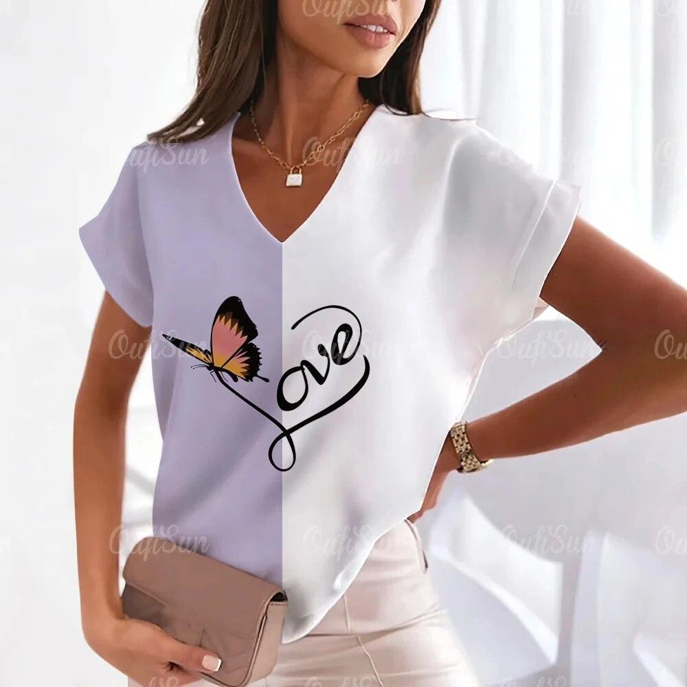 2024 Summer Women's T-Shirts Butterfly V-Neck Shirts Fashionable Short Sleeve Tees Oversized Ladies Tops Casual Women's Clothing