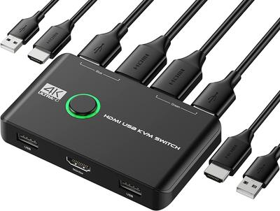 KVM-переключатель с поддержкой HDMI 4K@60Hz и переключателем USB 2.0, для 1 монитора/2 ПК, общий доступ к клавиатуре, мыши и принтеру, USB-переключатель, переключает между 2 ПК
