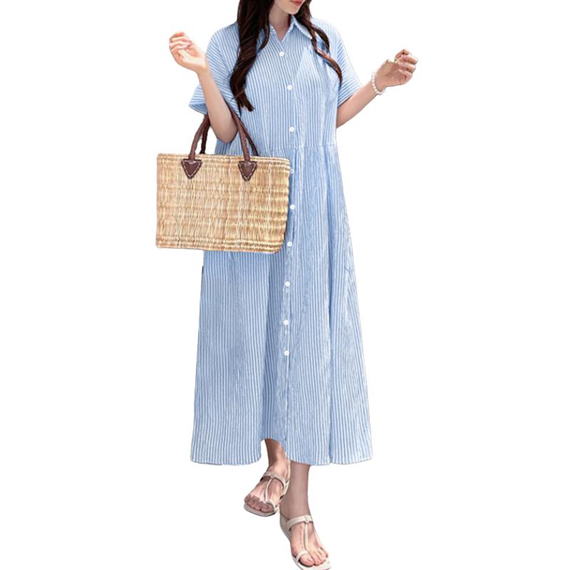 ZANZEA Женское летнее повседневное платье в полоску с отложным воротником и короткими рукавами
