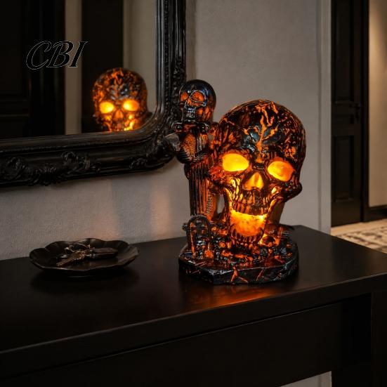 Spooky Shelf Decoration Skull Table Lamp, Halloween Glowing Skeleton Resin Figurine, Gothic Ambient Amber Violet Glow Light Night for Mantel