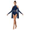 Womens Lyrical Dance Leotard Cold Shoulder Long Sleeves Sheer Mesh Waist One Piece Bodysuit Dancewear
