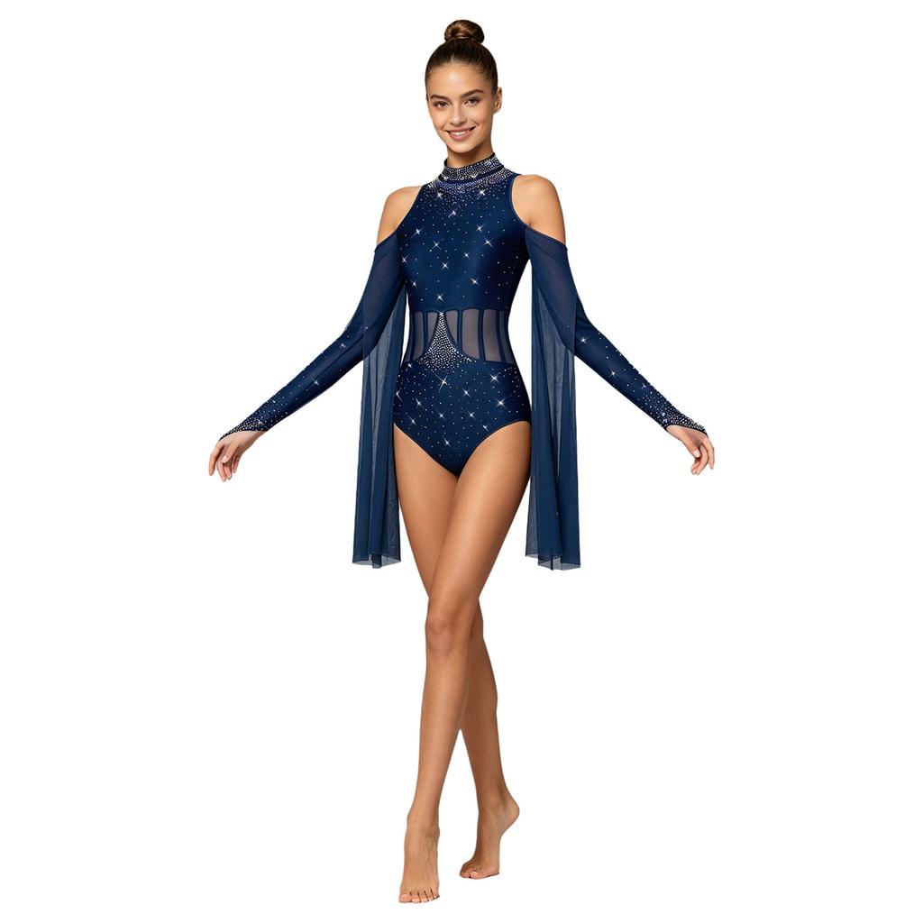 Womens Lyrical Dance Leotard Cold Shoulder Long Sleeves Sheer Mesh Waist One Piece Bodysuit Dancewear