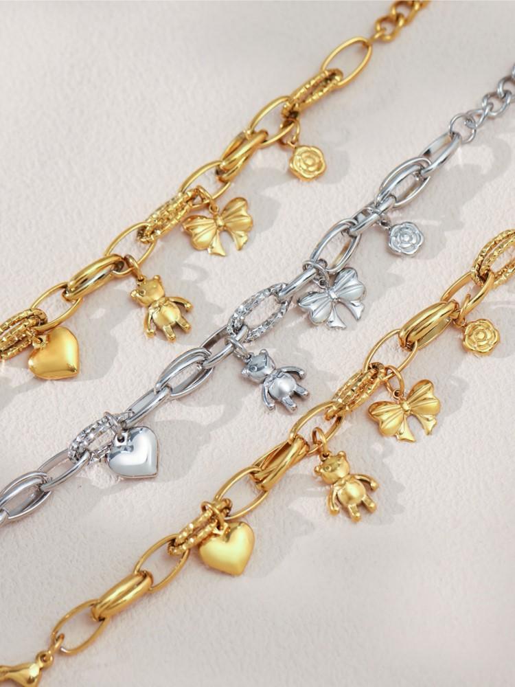 Браслет-цепочка из нержавеющей стали для женщин, с покрытием из 18-каратного золота, водонепроницаемый, не тускнеющий, с женскими шармами в виде сердца, медведя, цветка и банта