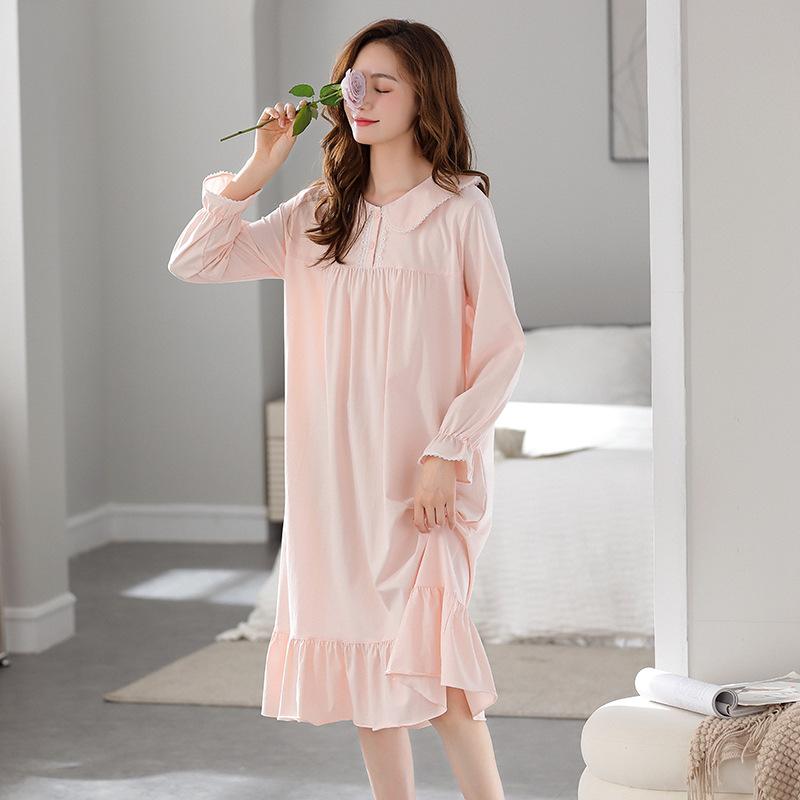 Пижама Женская Весна и Осень Осень Осень Хлопок Длинные Рукава Милый Принцесса Стиль Свободное Платье Длинное Платье Пижамная Юбка