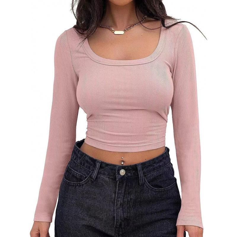 Spring women's tops slim fit short long sleeve square neck T-shirt for hot girls casual and versatile