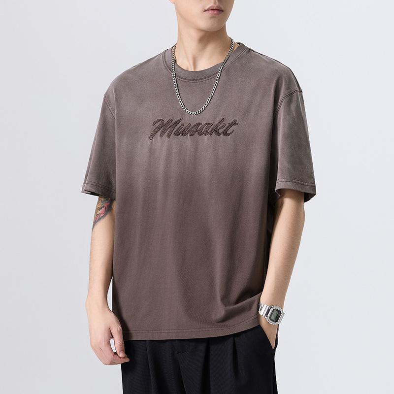 Новая Тяжелая Градиентная Футболка с Коротким Рукавом для Весны и Лета Американская Футболка Короткая Рубашка