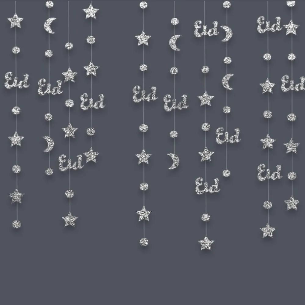 Gold Silver Eid Mubarak Banners Glitter Paper DIY Paper Star Moon Lantern Ceiling Hanging Pull Flag Hang Garland