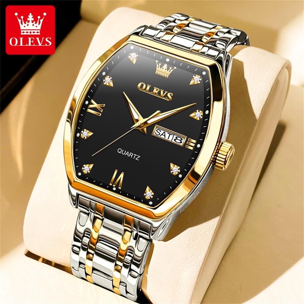 OLEVS Brand Fashion Tonneau Dial Quartz Watch for Men Stainless Steel Waterproof Luminous Week Date Watches Relogio Masculino
