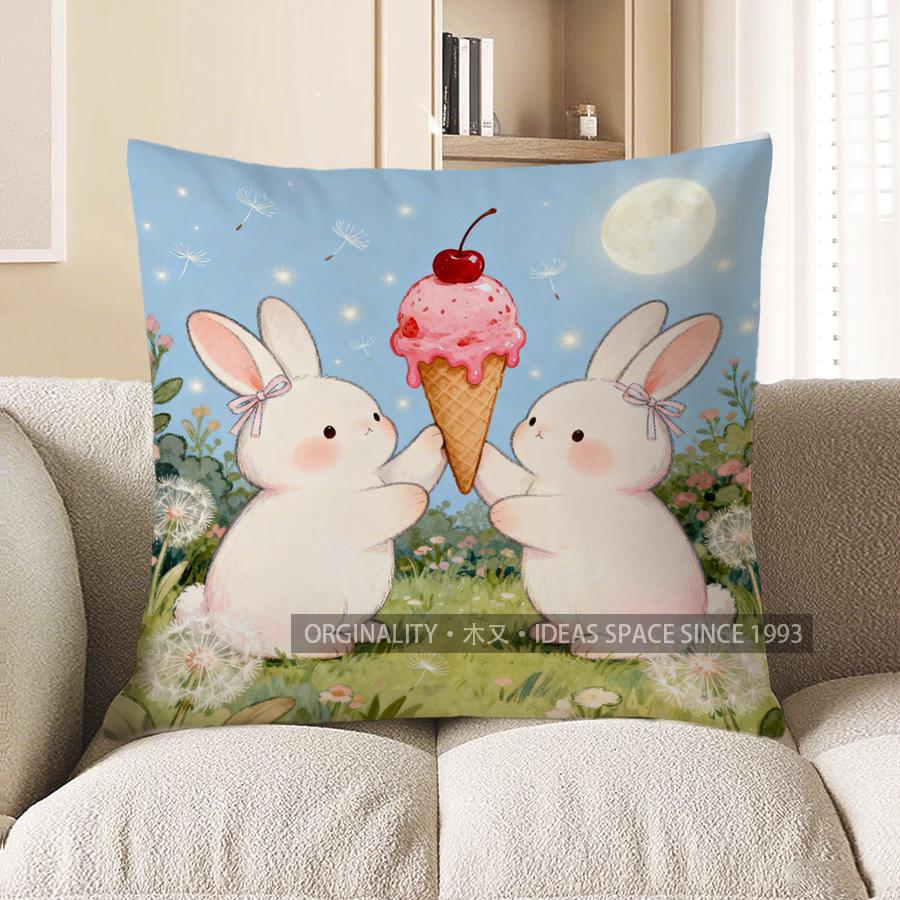 2D Две крольчихи делят сладкое мороженое Подушка Чехол для подушки Подходит для дивана Спальни Автомобиля Чехол для подушки