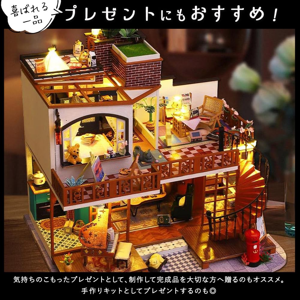 Moin Moin Dollhouse Miniature Handmade Kit Set Antique Retro Brick Red Mailbox Cat Teddy Bear Rooftop LED Light Acrylic Case Figure Music Box