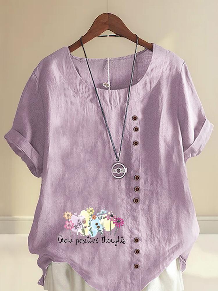 Women's Fashion Flower Black Letter Print Round Neck Short Sleeve T-shirt Casual Cotton Linen Graphic Shirt Leisure Loose Summer Blouse Tops