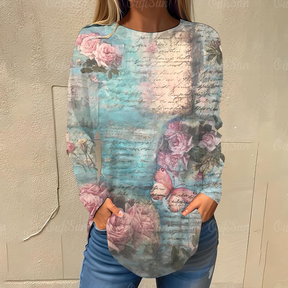 Винтажные женские футболки в стиле ретро с цветочным принтом, осенняя уличная футболка с длинными рукавами, женская одежда Y2K, повседневные свободные топы, пуловеры