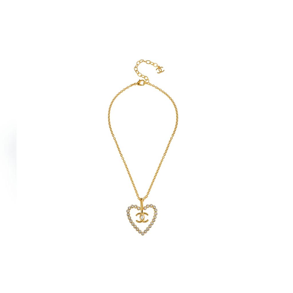 Chanel 2023 Cc Plated Heart Crystal Pendant Necklace costume necklace AB9922-B09972-NM120