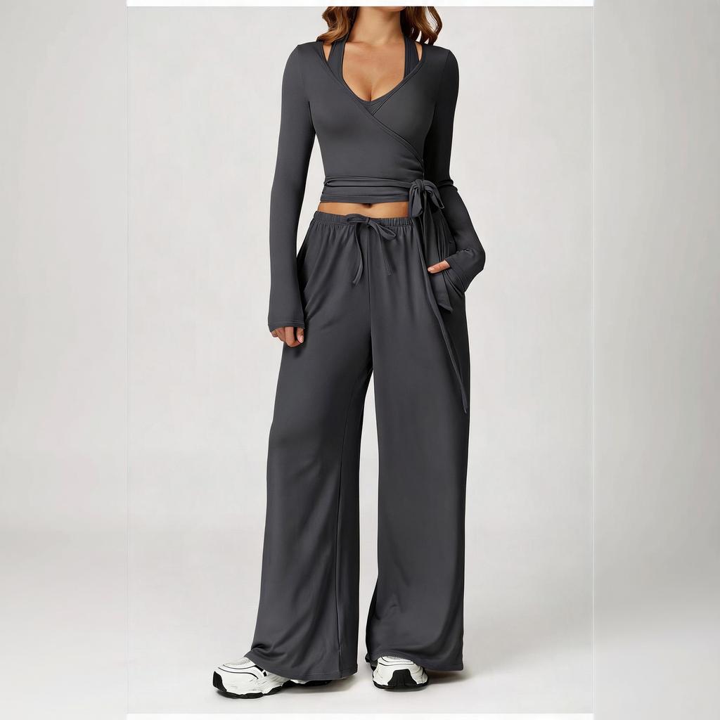 Женский athleisure-комплект из 3 предметов: топ с регулируемым V-образным вырезом и широкие брюки для повседневной носки