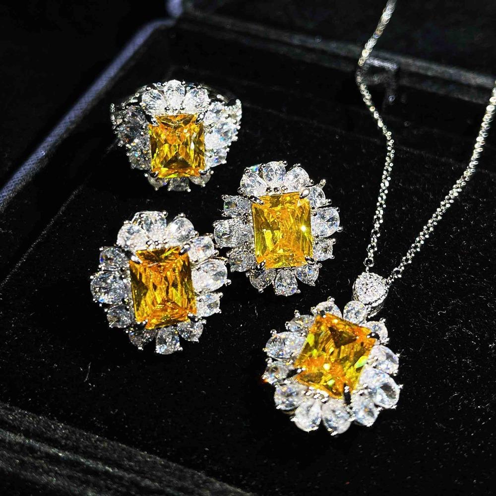 Elegant Women Jewelry Set Asscher Yellow Topaz Blue Argyle Pink Square Diamond Ring Earrings Pendant
