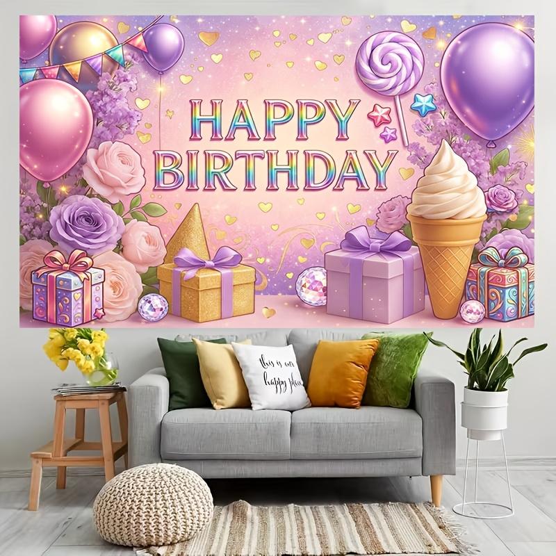 Pastel-Toned Whimsical Birthday Scene with Glossy Balloons, Blooming Roses, Gift Boxes and Soft-Serve Ice Cream Cone, Happy Birthday in