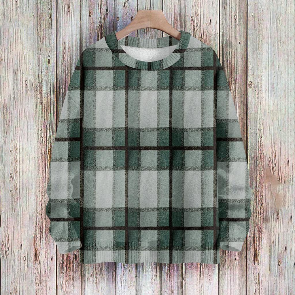 Women's Fashionable Casual Long-sleeved Checkered Printed Round-neck Sweater Knitted Top