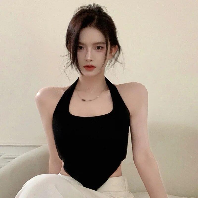 Женский топ с подвеской на шее, нерегулярный топ на бретельках, вязаный укороченный топ на бретельках