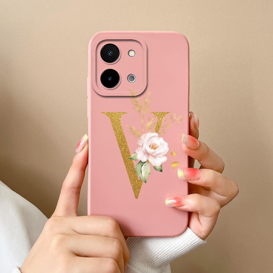 Чехол для Vivo Y28 4G 5G Цветочный рисунок 26 Букв Жидкий силикон ТПУ Задняя крышка для VivoY28 4G 5G Продвинутое ощущение Чехол для пары Оболочка