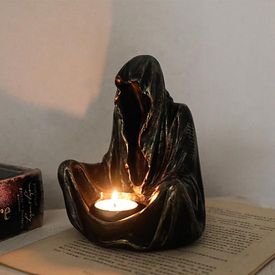 Yousheng Halloween Candle Holder Spooky Resin Grim Reaper Skeleton Human Organ Statue Tabletop Tea Light Holder for Home Office Kitchen Mantel Decor