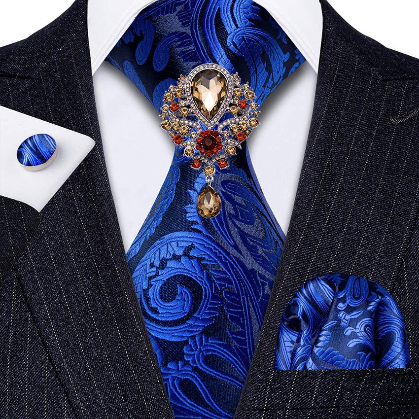 Barry.Wang Paisley Tie with Brooch for Men Wedding Formal Silk Necktie Hanky Cufflink Set