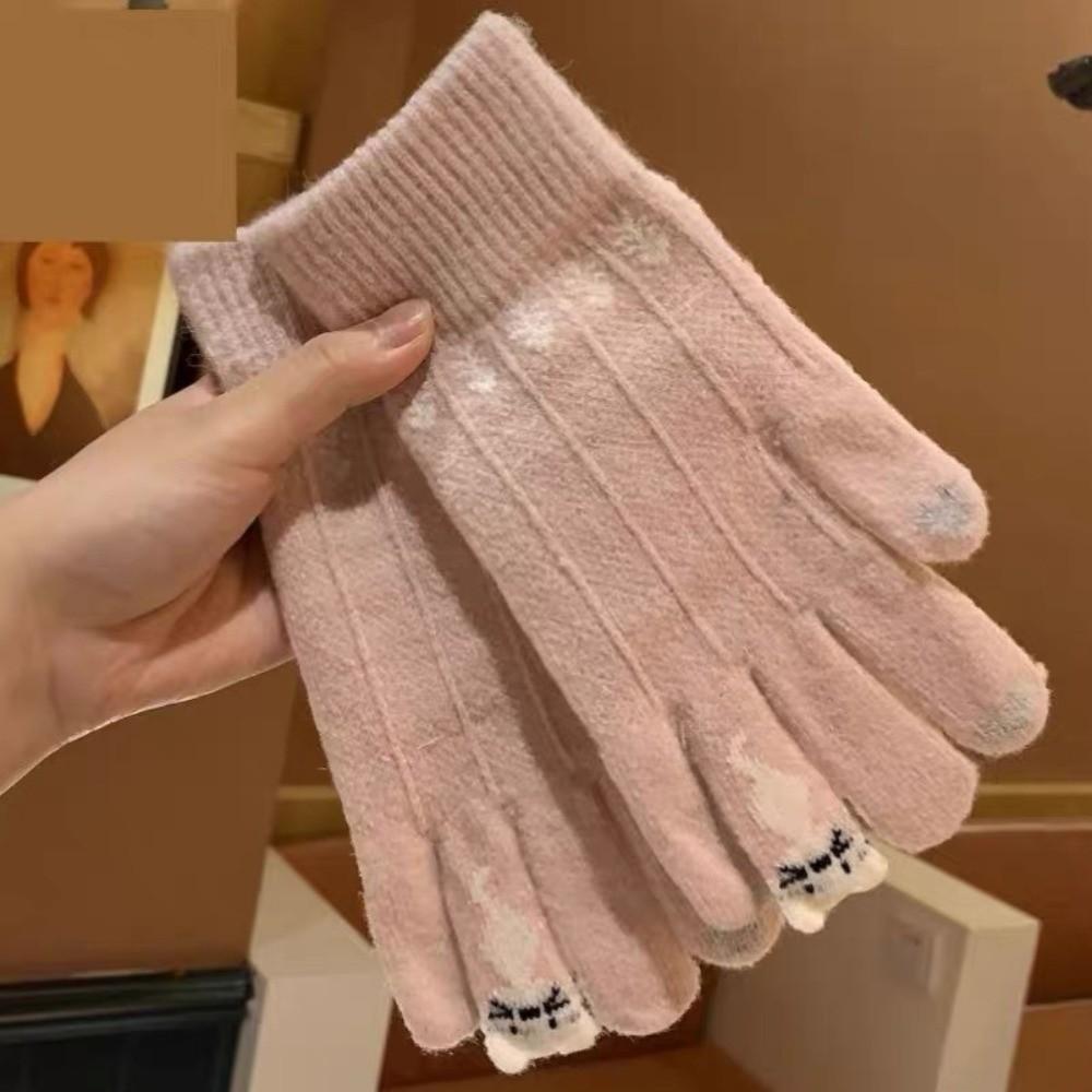 Warm Lining Winter Thermal Gloves Kitty Pattern Full Finger Gloves Nylon Knit Gloves Daily Wear