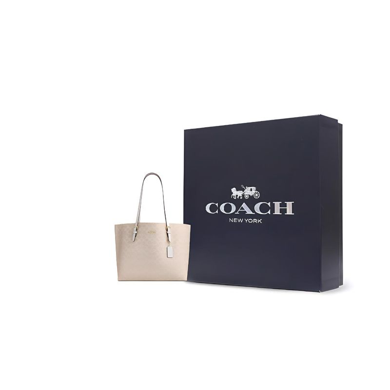 Coach Mollie Логотип Застежка-молния Искусственная кожа Сумка-тоут Женские сумки-тоуты Песочно-желтый Меловой-белый CV967-IMXDM