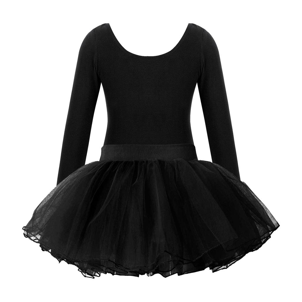 Girls Ballet Dance Wear Long Sleeve Round Neck Leotard Elastic Waist Tutu Layered Skirt Performance Outfit