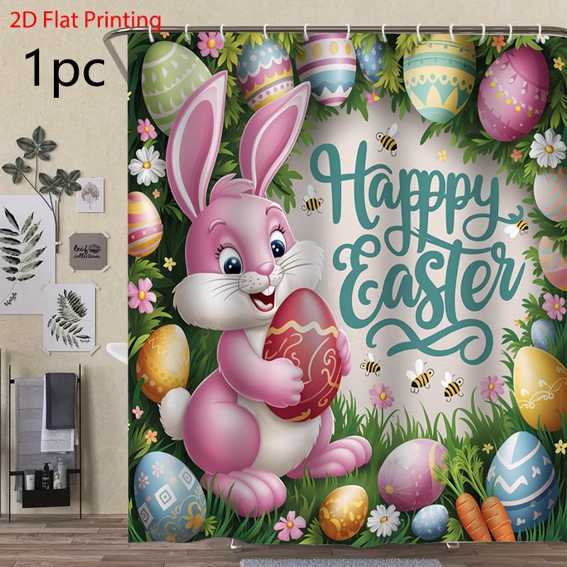 1PC-Spring Easter Day shower curtain set with 12 hooks, Bathroom Home Decor 2D Flat Printingwashable curtains for home decoration Accessories