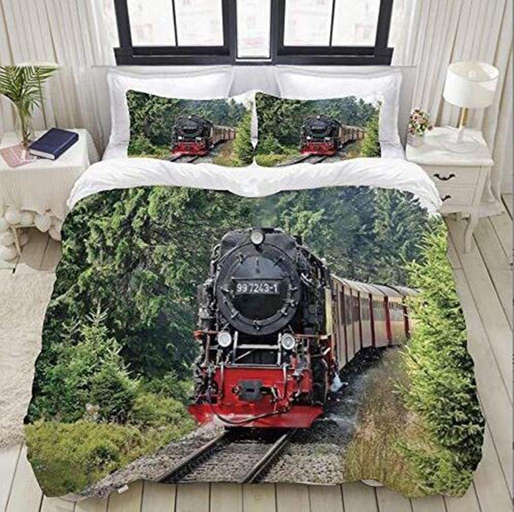 Красно-серый паровой двигатель пододеяльник локомотив красно-черный поезд на стальных железнодорожных путях путешествие приключения графическое украшение спальни