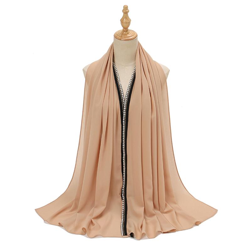 Новый Рамадан Шифоновый Хиджаб Шарф с Жемчужными Бусинами Мусульманский Хиджаб с Цепочкой Однотонные Длинные Шали Головной Платок Обмотки Исламская Повязка на Голову