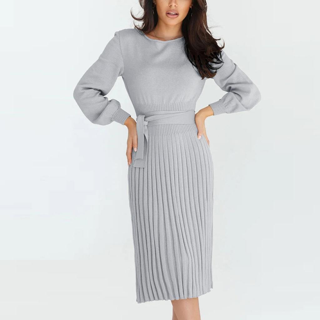 Women's Fashion Casual Solid Color Round Neck Long Sleeves Knitted Slim Fit Pleated Dress
