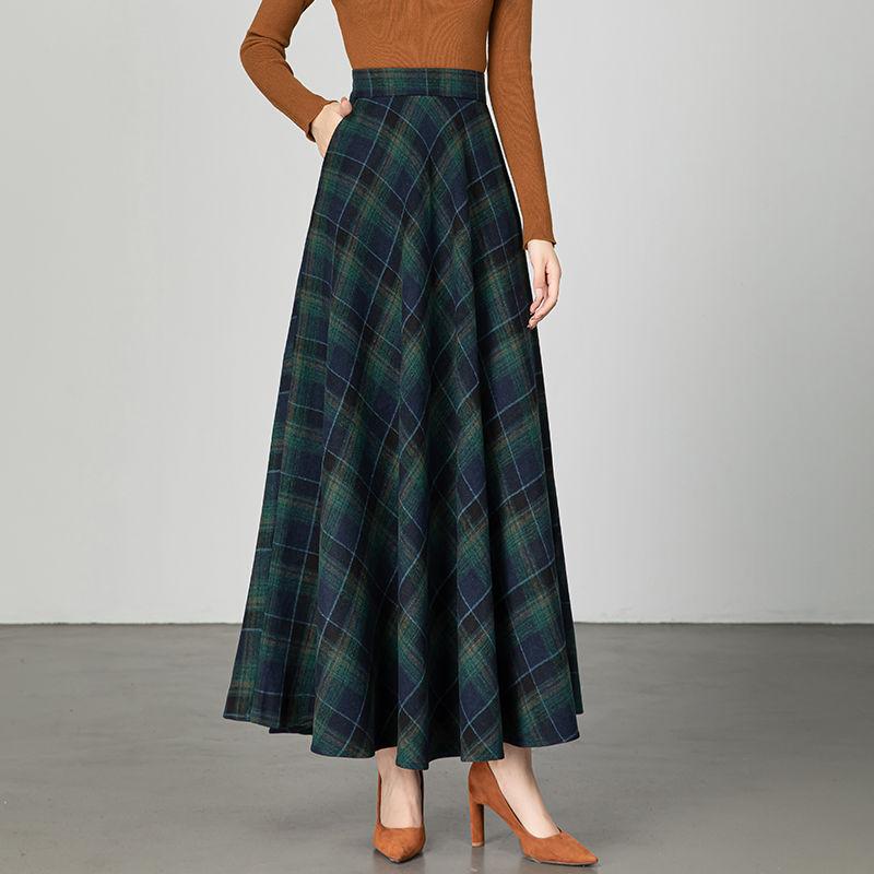 New Woolen Plaid Skirt for Women Mid-length Autumn and Winter Slimming High-waisted A-line Skirt Casual Long Skirt