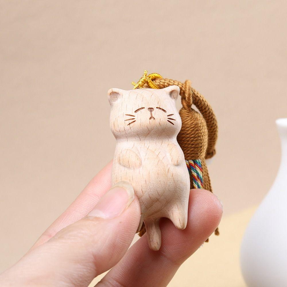 Beads Wooden Carved Cat Keychain Cartoon Animal Carved Cat Keyring  Students