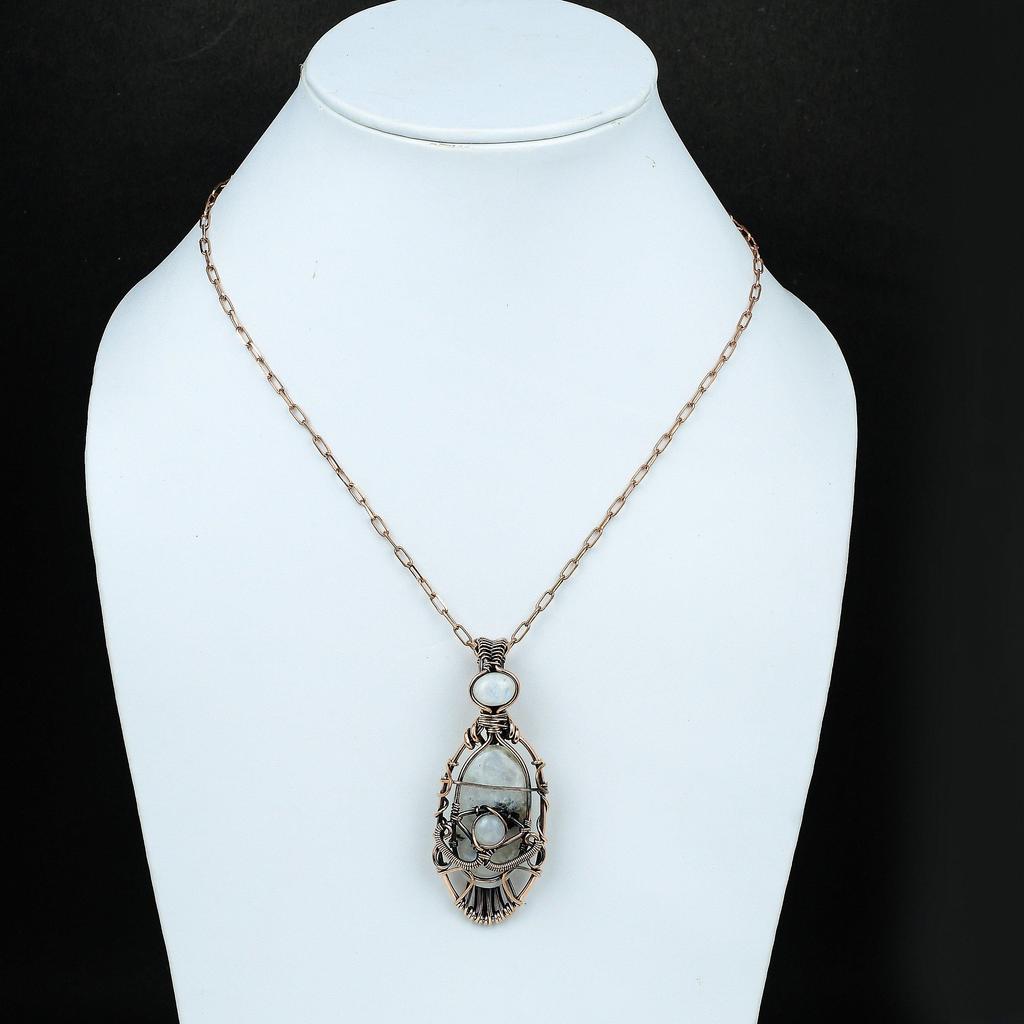 Подвеска с лунным камнем от сглаза, медная проволочная обертка, медная бижутерия с лунным камнем, подвеска ручной работы, ювелирные изделия от сглаза, медная дизайнерская подвеска